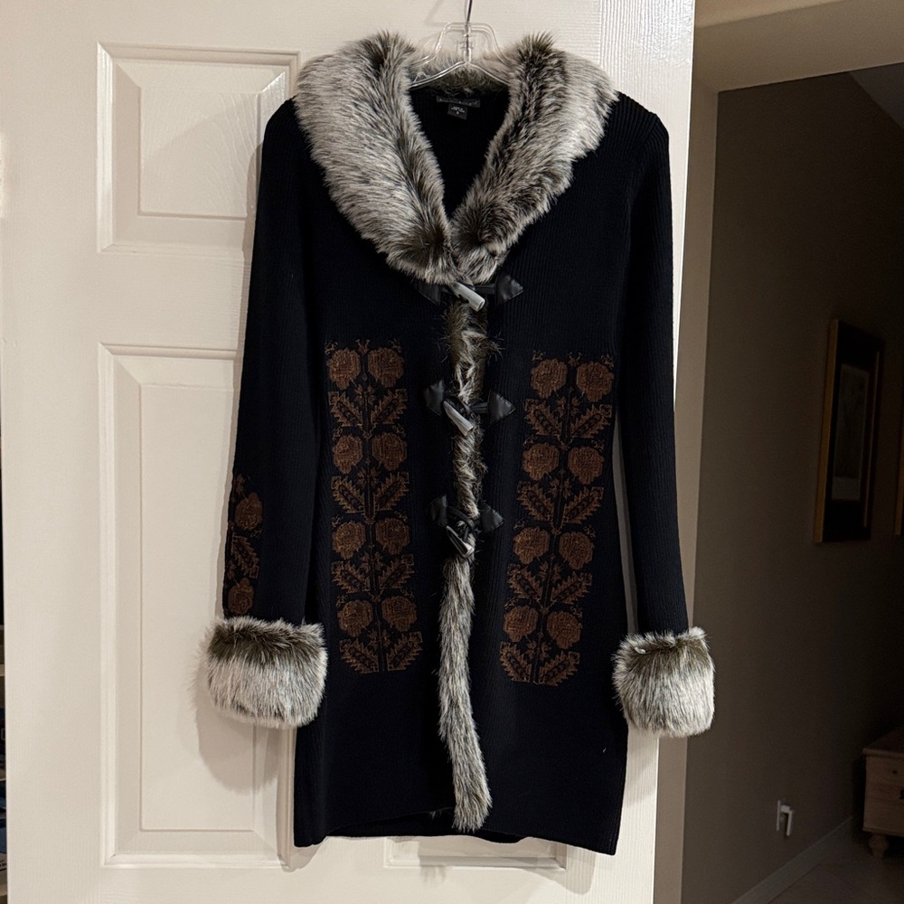 Bebe Black Sweater Coat with Faux Fur Trim and Floral Design. Size S